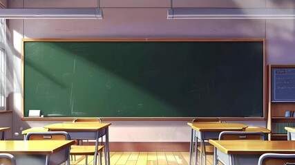 Morning atmosphere in the classroom with a blackboard, wooden tables and chairs. Seamless 4K looping timelapse video animation background