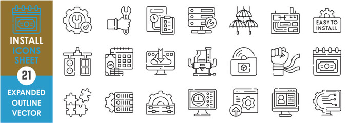 Poster - A set of line icons related to Install. Setup, configure, modify, software, hardware, decoration, electricity, repair, payday, payment, due date, and so on. Vector outline icons set.
