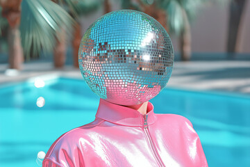 Wall Mural - A figure with a disco ball head in a metallic pink jacket posing near a turquoise pool. Surreal fashion imagery with a touch of retro-futurism.