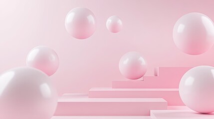 Poster - Abstract 3D floating spheres in a minimal scene with open space for product presentation. Perfect for modern design concepts or elegant product displays.