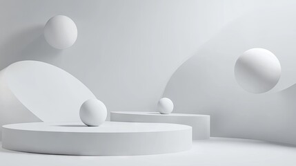 Leinwandbilder - Abstract 3D floating spheres in a minimal scene with open space for product presentation. Perfect for modern design concepts or elegant product displays.