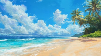 Sticker - Tranquil beach scene with palm trees, blue sky, and white fluffy clouds.