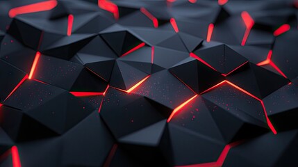 Poster - Abstract black polygon surface with intricate red light patterns, showcasing a modern and high-tech design concept.