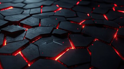 Poster - Abstract black polygon surface with intricate red light patterns, showcasing a modern and high-tech design concept.