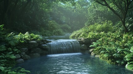 Wall Mural - Tranquil waterfall cascades down a mossy rock face into a still pond, surrounded by lush rainforest greenery.