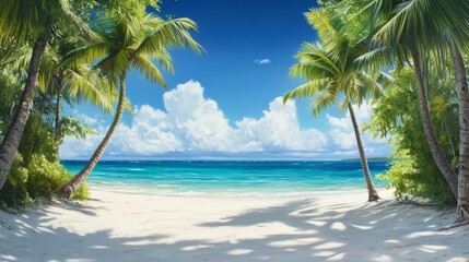 Wall Mural - Tropical beach paradise with palm trees, white sand, and clear turquoise water.