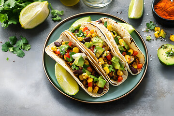 Overhead healthy vegetarian tacos on a plate with ingredients