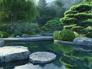 Wall Mural - Tranquil Zen garden with a pond, stepping stones, and lush greenery.