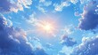 © arthit - Anime-style background of a blue sky with soft, fluffy clouds and a glowing sun. Captures the essence of spring and vibrant outdoor scenes beautifully.