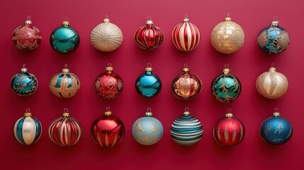 Poster - Retro Christmas tree ornaments arranged on crimson background