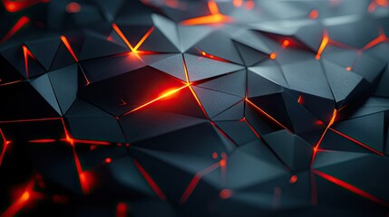 Poster - Black polygon design illuminated with radiant red light, creating a striking and futuristic abstract technology background.