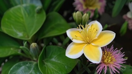 Wall Mural - a yellow and white flower with green leaves on it next to flowers in the background