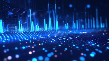Poster - Blue music equalizer vector illustration with glowing bars and wave patterns. Modern digital design highlighting audio frequencies and sound balance.