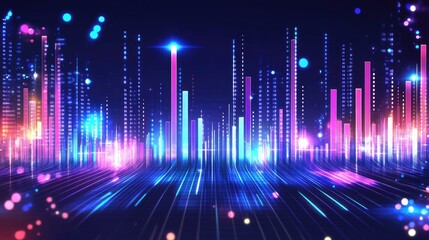 Poster - Blue music equalizer vector illustration with glowing bars and wave patterns. Modern digital design highlighting audio frequencies and sound balance.