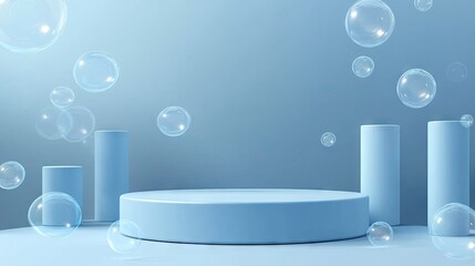 Poster - Blue podium stage with soap bubbles drifting across the scene. 3D vector background with rounded rectangular platforms and soapy spheres for a clean, modern look.