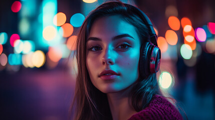 Young woman wearing headphones in a vibrant urban setting at night with colorful bokeh lights