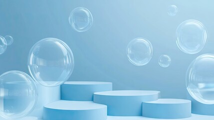Poster - Blue podium stage with soap bubbles drifting across the scene. 3D vector background with rounded rectangular platforms and soapy spheres for a clean, modern look.