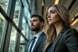 © StockUp - A man and woman in business suits gaze out the window with determination, symbolizing ambition and future prospects.