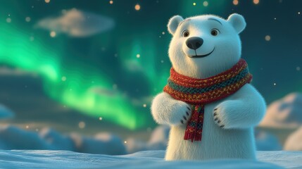 Poster - Cuddly 3D cartoon polar bear wearing scarf, arctic aurora background