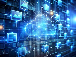 Poster - Cloud Computing Network: A glowing cloud computing network with connected documents and data, symbolizing the interconnectedness and accessibility of information in the digital age.