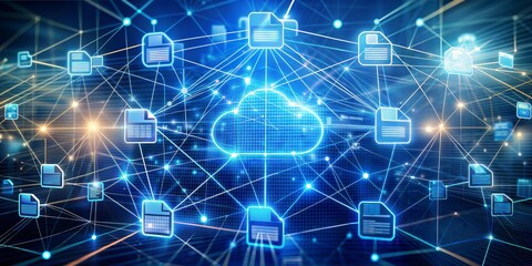 Poster - Cloud Computing Network: A glowing cloud computing network with connected documents and data, symbolizing the interconnectedness and accessibility of information in the digital age.