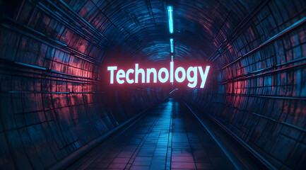 Poster - Futuristic tunnel illuminated with neon lights, featuring the word 'Technology' to signify innovation and digital advancement.