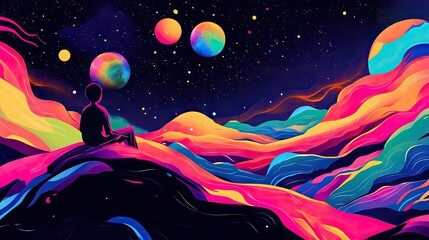 Wall Mural - Colorful vector art of a person on an alien planet, staring in awe at the vibrant cosmos. Pop art style with bright, whimsical colors and abstract celestial elements.