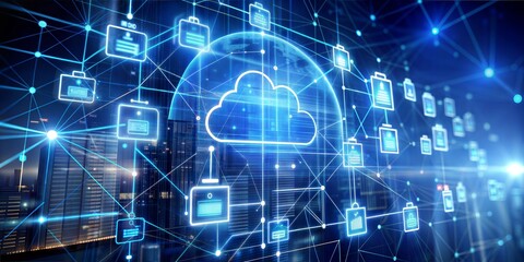 Poster - cloud computing network: a glowing cloud computing network with connected documents and data, symbol