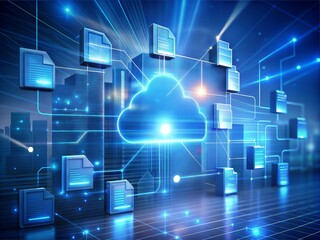 Poster - Cloud Computing Network: A glowing cloud computing network with connected documents and data, symbolizing the interconnectedness and accessibility of information in the digital age.