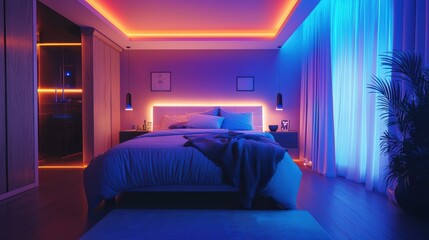 Bedroom with LED lighting and energy-efficient heating, focusing on reducing carbon footprint