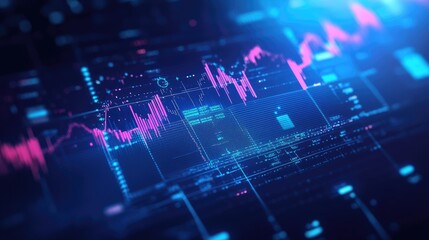Poster - Dark blue technology background with business investment graph displaying upward growth. Features financial data, stock market trading charts, and profit metrics.