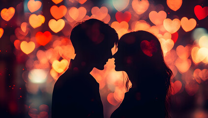 Silhouette of a couple in love against a colorful heart bokeh background, capturing the essence of romance and connection.