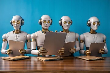 Poster - The Robot Workforce: A team of four humanoid robots, each with headphones and holding clipboards, sit at a wooden desk in a futuristic office, signifying the rise of automation in the workplace.  