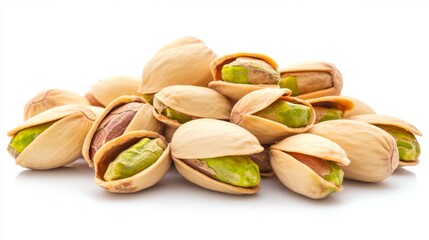 Pistachios isolated on a white background. Pile of pistachio nuts closeup