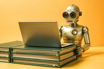 Poster - Robot Scholar: A vintage robot diligently researches on a laptop, perched atop a stack of books against a vibrant yellow backdrop. 
