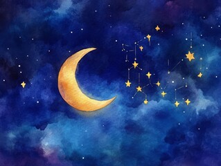 Sticker - Watercolor crescent moon and starry night sky with constellation.