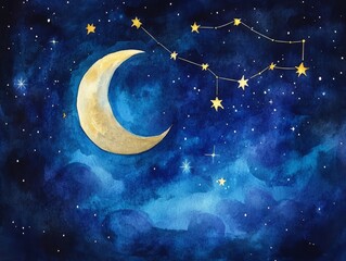 Sticker - Watercolor Illustration of a Crescent Moon and a Constellation of Stars in a Night Sky.