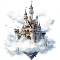 Watercolor illustration of a fairytale castle floating on a cloud with birds flying around it.