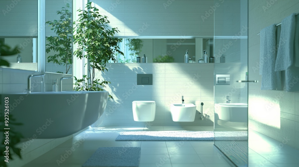 Bathroom with water-saving fixtures and energy-efficient lighting ...