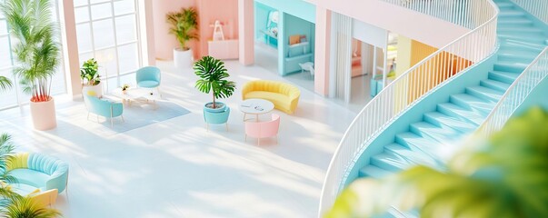 Shopping mall interior flat design, top view, modern architecture theme, 3D render, colored pastel