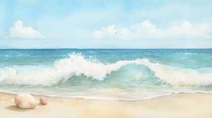 Wall Mural - Watercolor painting of a seascape with a wave breaking on a sandy beach, two seashells in the foreground.