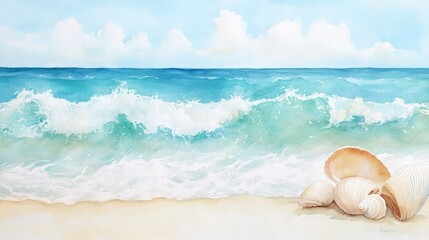 Canvas Print - Watercolor painting of a seashell on the sandy beach with ocean waves.