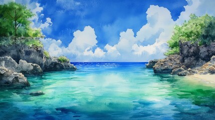 Canvas Print - Watercolor painting of a tropical cove with clear blue water, rocky cliffs, lush green trees, and a bright blue sky with white clouds.