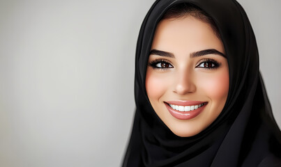 Portrait of a smiling Arab middle eastern woman in black hijab, isolated