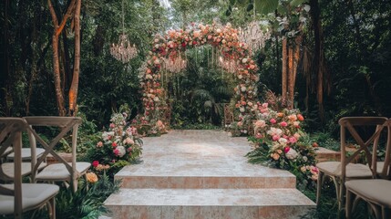 Wedding ceremony aisle decorated with pink and white flowers in a lush green tropical jungle.