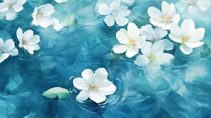 Watercolor illustration background of beautiful white flowers floating on water surface 