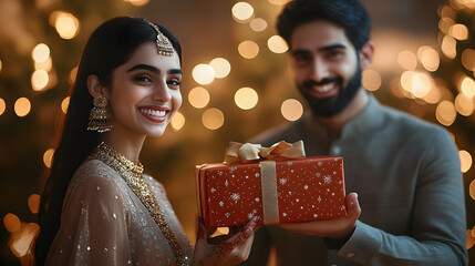 indian man and woman holding gift box in hand