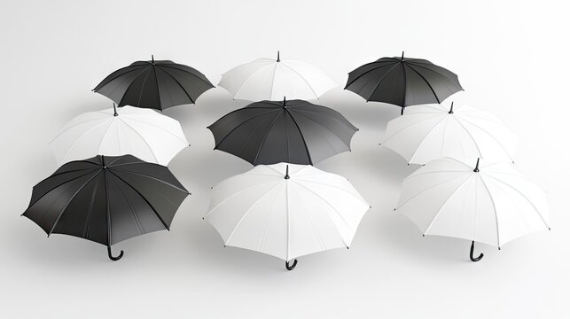 High-quality 3D render of blank white and black umbrellas. Transparent background makes it perfect for design templates, mockups, or branding presentations.