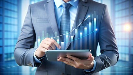 Poster - Strategic Financial Analysis: Focused businessman analyzes data on a digital tablet, with stock market charts overlaid, reflecting the fast-paced world of finance and investment.