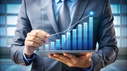 Poster - Strategic Financial Analysis: Focused businessman analyzes data on a digital tablet, with stock market charts overlaid, reflecting the fast-paced world of finance and investment.